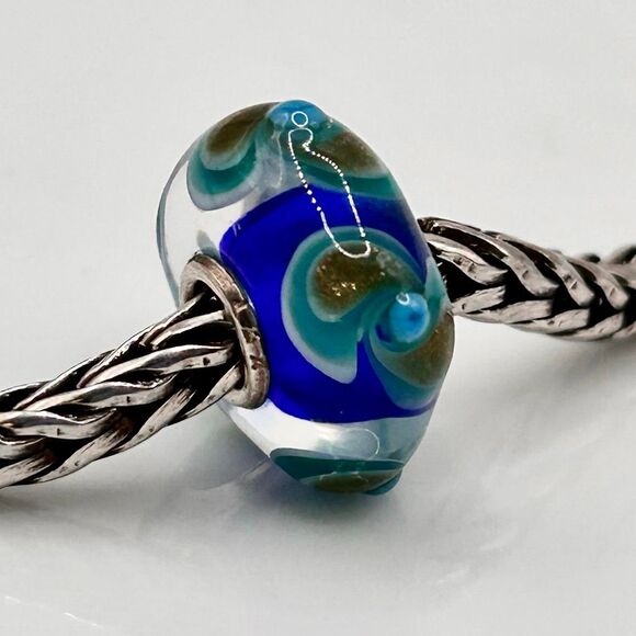 TROLLBEADS SALE Blue Turquoise Gold Textured Pinwheels LAA 925S NEW! Glitter - Picture 3 of 4